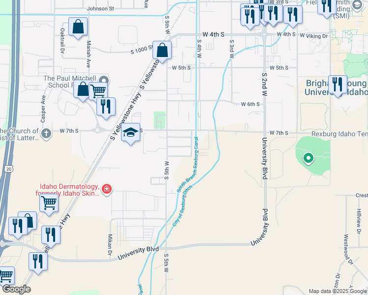 map of restaurants, bars, coffee shops, grocery stores, and more near 707 South 5th West in Rexburg