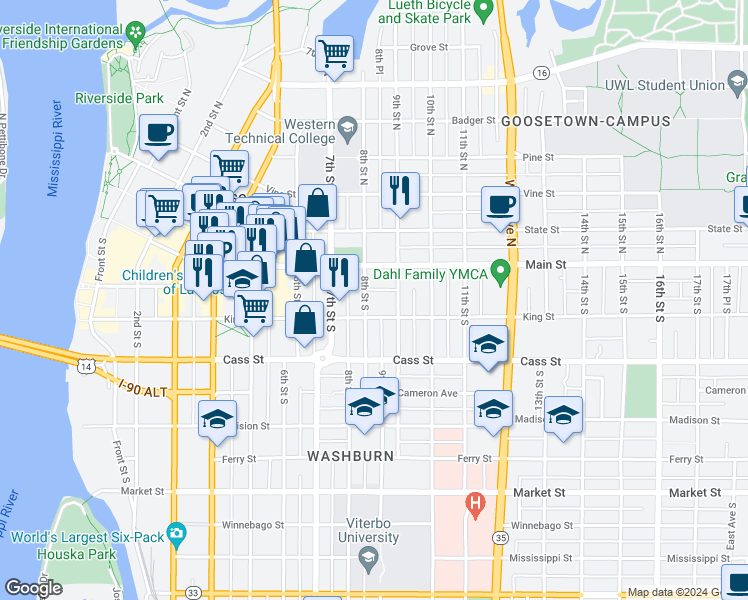 map of restaurants, bars, coffee shops, grocery stores, and more near 141 8th Street South in La Crosse