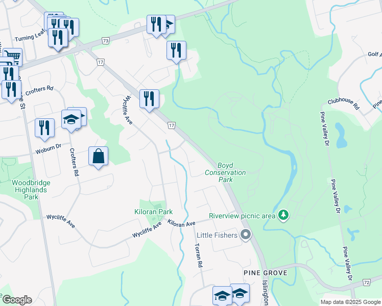 map of restaurants, bars, coffee shops, grocery stores, and more near 19 Calgary Gardens in Vaughan