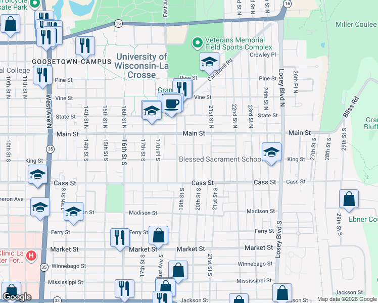 map of restaurants, bars, coffee shops, grocery stores, and more near 140 20th Street South in La Crosse