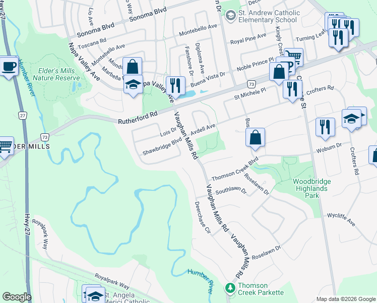 map of restaurants, bars, coffee shops, grocery stores, and more near 27 Gidleigh Park Crescent in Vaughan