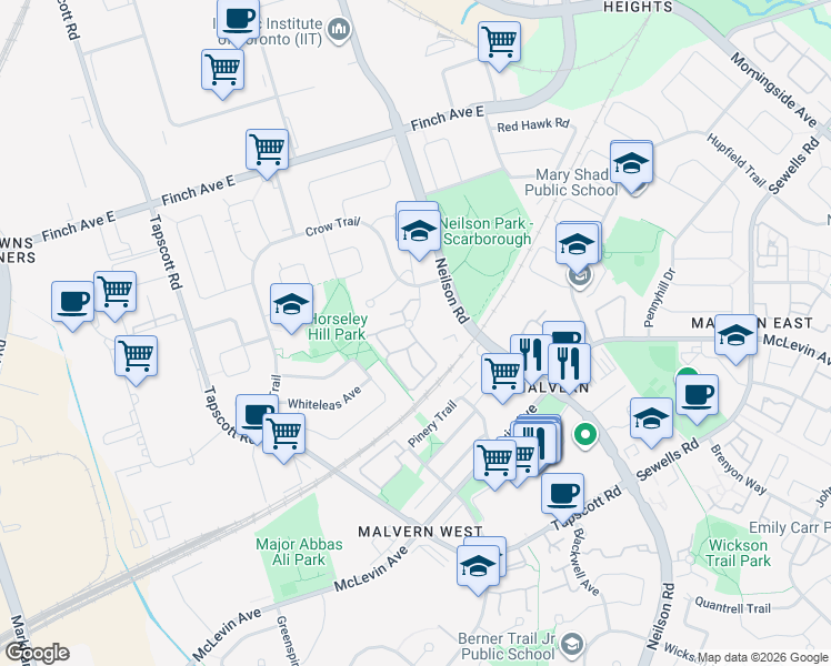 map of restaurants, bars, coffee shops, grocery stores, and more near 90 Wingarden Court in Toronto