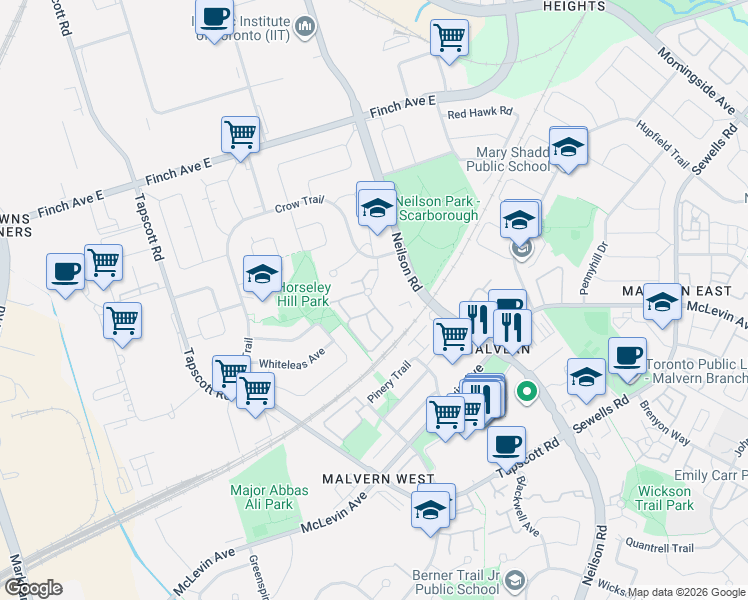 map of restaurants, bars, coffee shops, grocery stores, and more near 90 Wingarden Court in Toronto