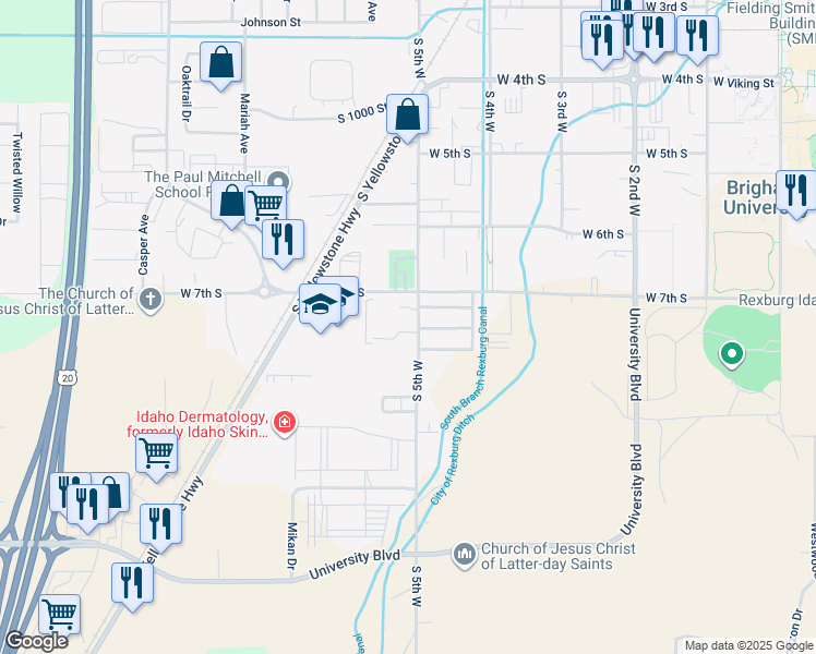 map of restaurants, bars, coffee shops, grocery stores, and more near 740 South 5th West in Rexburg