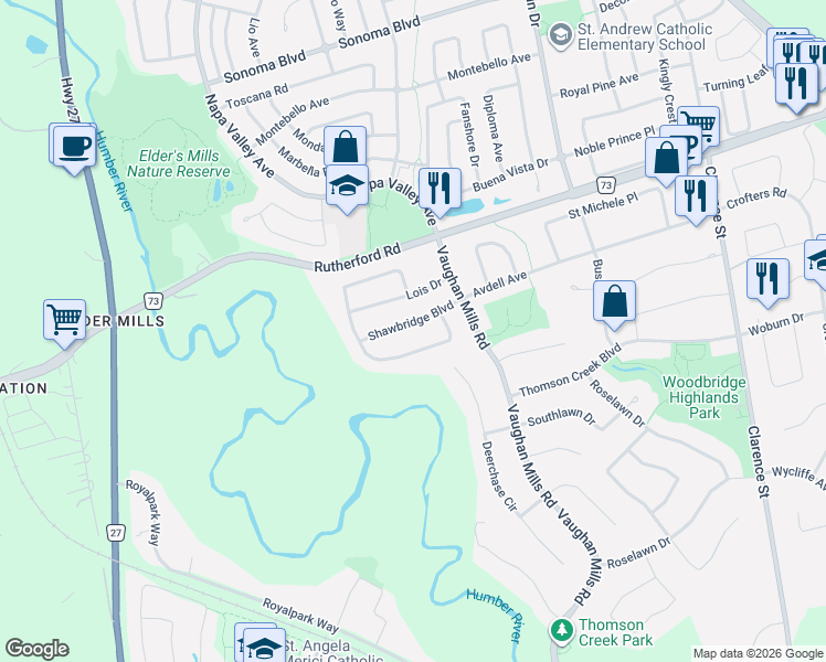 map of restaurants, bars, coffee shops, grocery stores, and more near 55 Shawbridge Boulevard in Vaughan