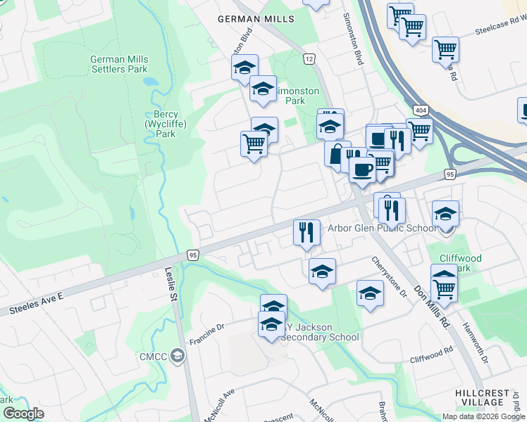 map of restaurants, bars, coffee shops, grocery stores, and more near 5 Aberfeldy Crescent in Markham