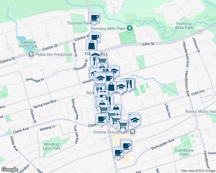 map of restaurants, bars, coffee shops, grocery stores, and more near 7509 Yonge Street in Markham