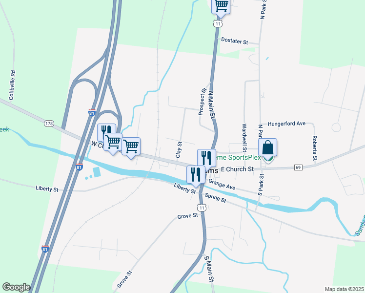 map of restaurants, bars, coffee shops, grocery stores, and more near 9 Clay Street in Adams