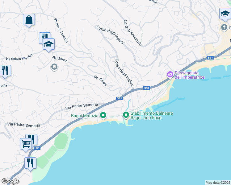 map of restaurants, bars, coffee shops, grocery stores, and more near 1 Via Legnano in Sanremo