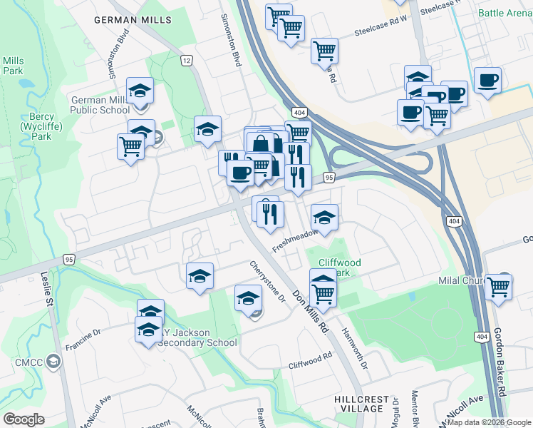 map of restaurants, bars, coffee shops, grocery stores, and more near 4005 Don Mills Road in Toronto