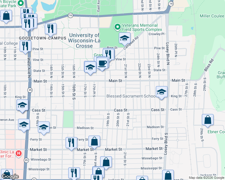 map of restaurants, bars, coffee shops, grocery stores, and more near 140 20th Street South in La Crosse