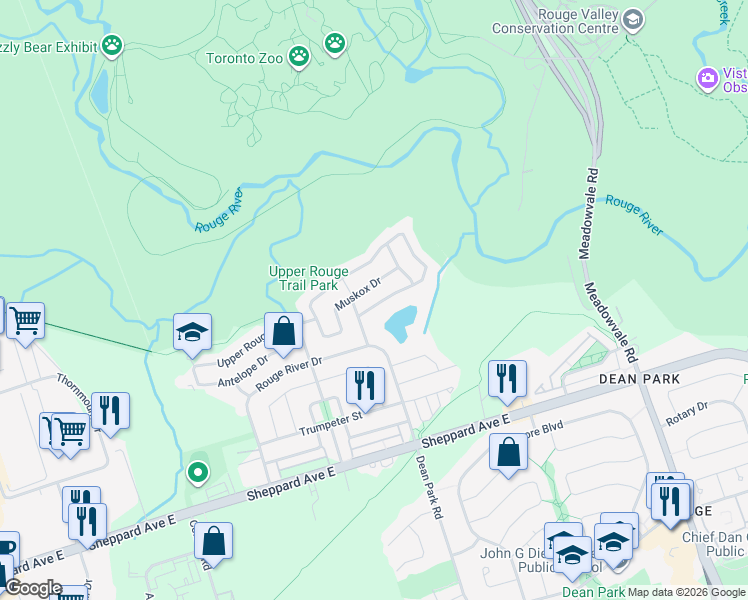 map of restaurants, bars, coffee shops, grocery stores, and more near 155 Meandering Trail in Toronto