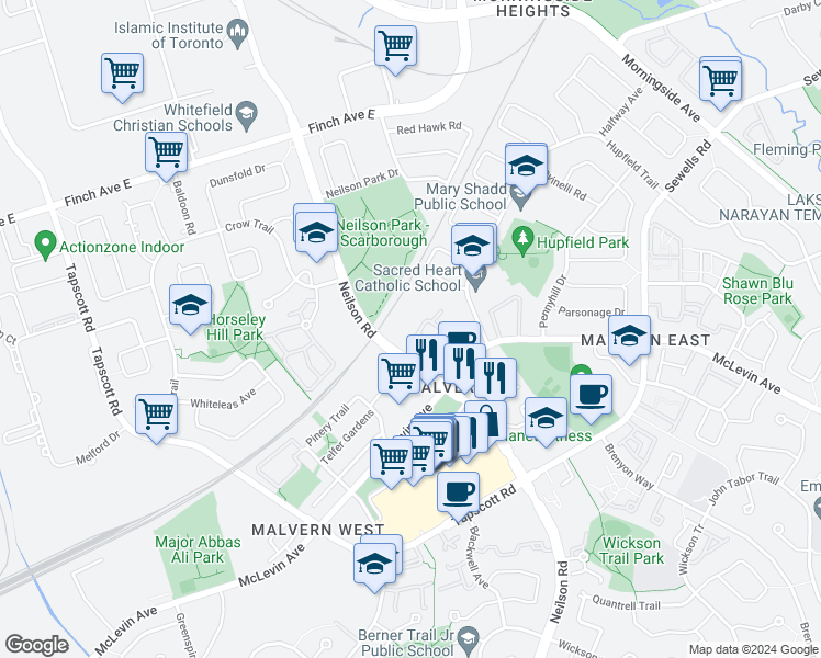 map of restaurants, bars, coffee shops, grocery stores, and more near in Toronto