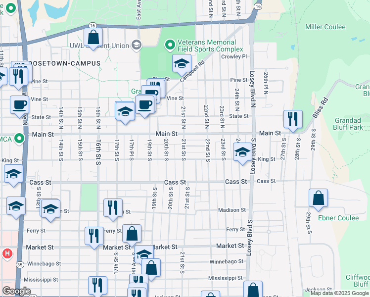 map of restaurants, bars, coffee shops, grocery stores, and more near 138 21st Street South in La Crosse