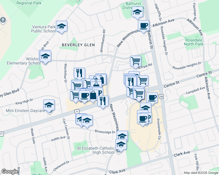 map of restaurants, bars, coffee shops, grocery stores, and more near 10 Gatineau Drive in Vaughan