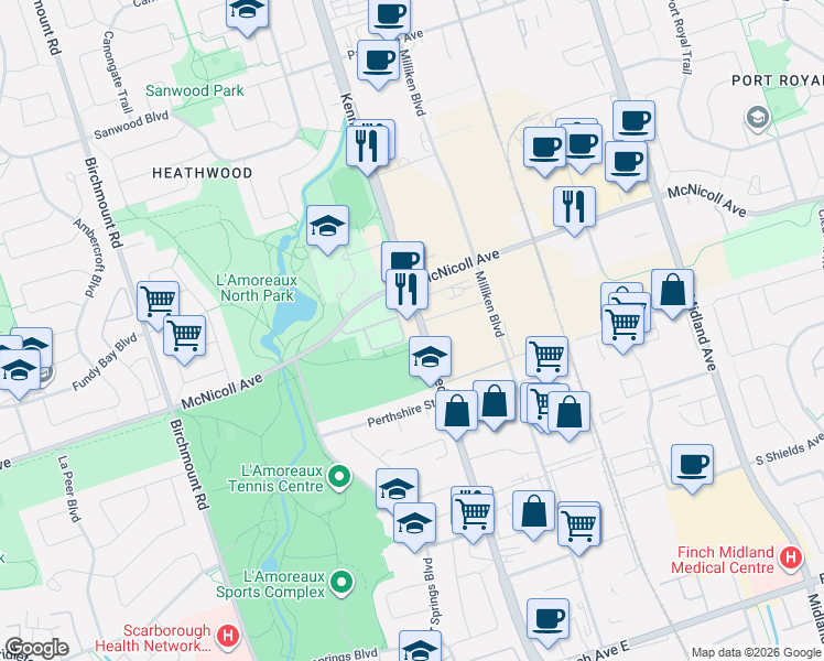 map of restaurants, bars, coffee shops, grocery stores, and more near 3088 Kennedy Road in Toronto