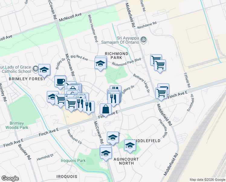 map of restaurants, bars, coffee shops, grocery stores, and more near 25 Lysander Court in Toronto