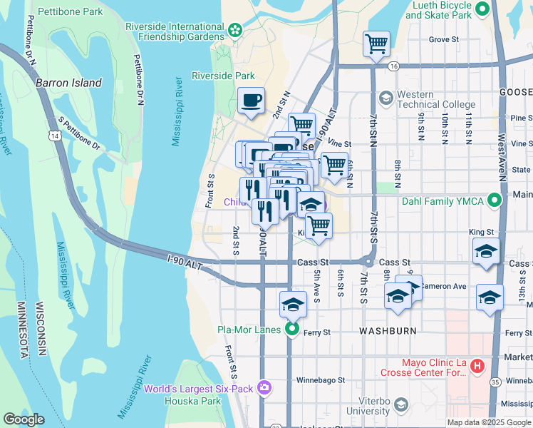 map of restaurants, bars, coffee shops, grocery stores, and more near 314 4th Street North in La Crosse
