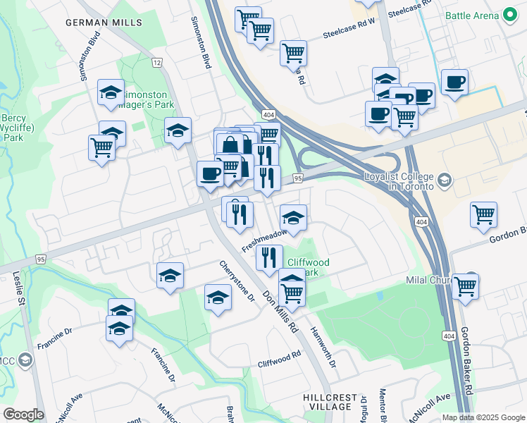map of restaurants, bars, coffee shops, grocery stores, and more near 34 Townsend Road in Toronto