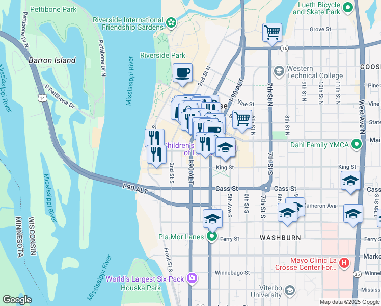 map of restaurants, bars, coffee shops, grocery stores, and more near 314 3rd Street South in La Crosse