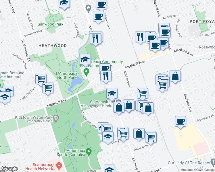 map of restaurants, bars, coffee shops, grocery stores, and more near in Toronto