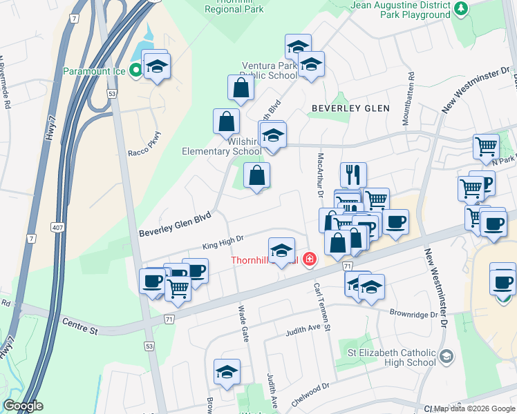 map of restaurants, bars, coffee shops, grocery stores, and more near 67 Forest Lane Drive in Vaughan