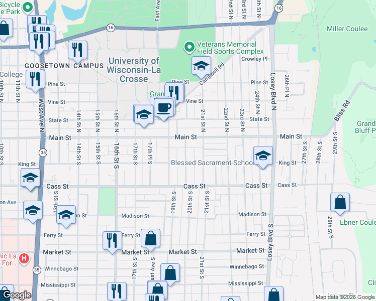map of restaurants, bars, coffee shops, grocery stores, and more near 140 20th Street South in La Crosse