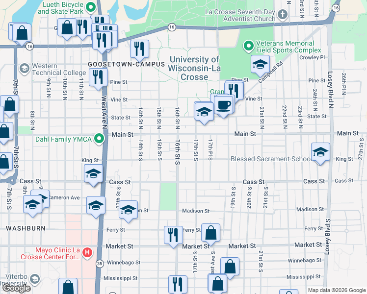 map of restaurants, bars, coffee shops, grocery stores, and more near 1629 King Street in La Crosse