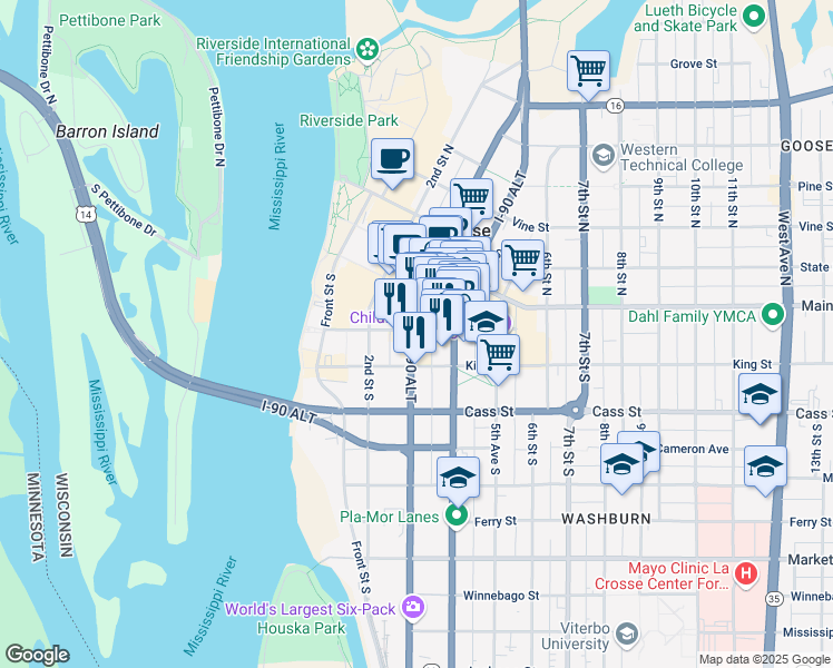 map of restaurants, bars, coffee shops, grocery stores, and more near 314 4th Street North in La Crosse