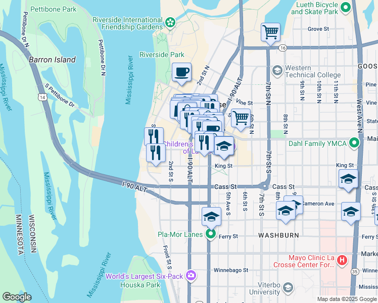 map of restaurants, bars, coffee shops, grocery stores, and more near 314 3rd Street South in La Crosse