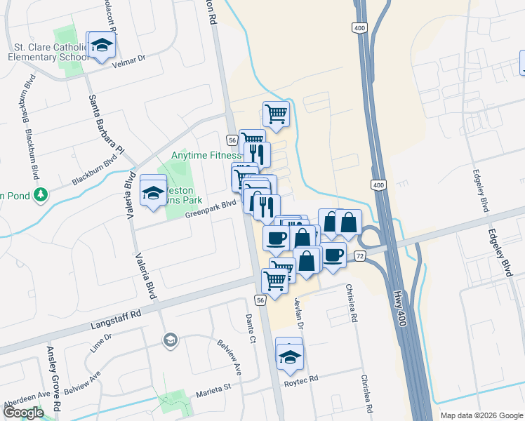 map of restaurants, bars, coffee shops, grocery stores, and more near 8611 Weston Road in Vaughan