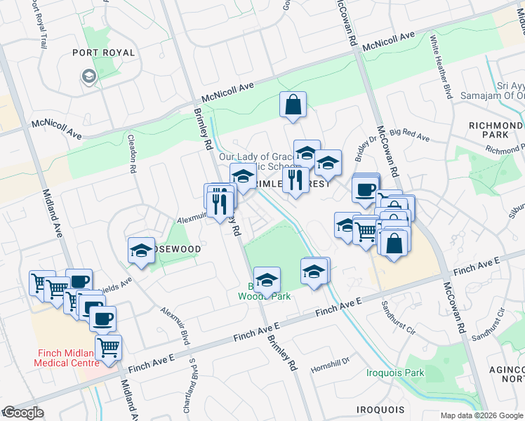 map of restaurants, bars, coffee shops, grocery stores, and more near 25 Brimwood Boulevard in Toronto