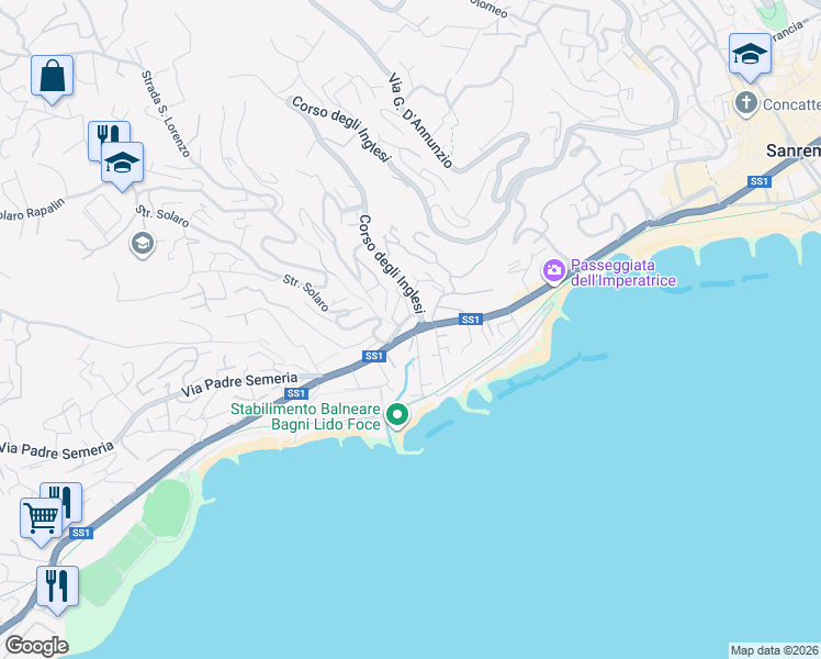 map of restaurants, bars, coffee shops, grocery stores, and more near 28 Corso Matuzia in Sanremo