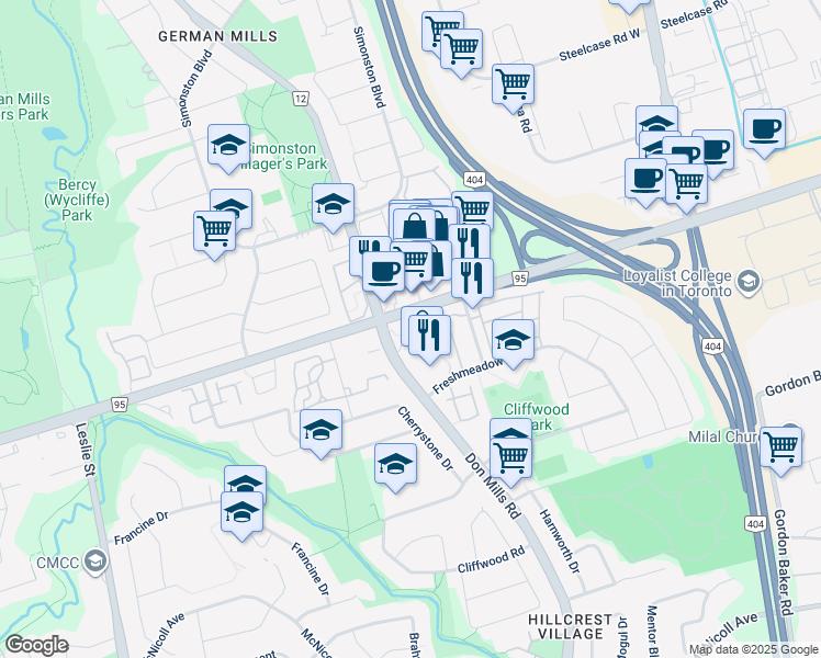 map of restaurants, bars, coffee shops, grocery stores, and more near 4005 Don Mills Road in Toronto