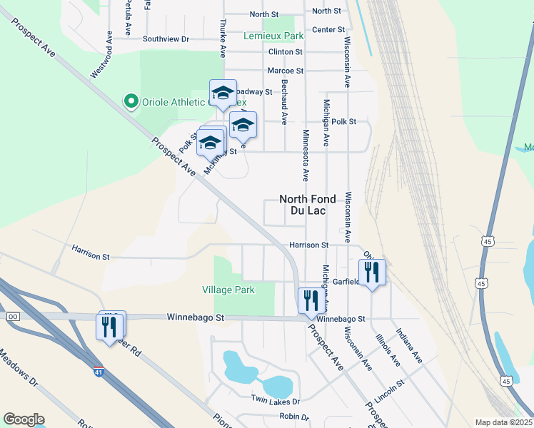 map of restaurants, bars, coffee shops, grocery stores, and more near 824 Prospect Avenue in North Fond du Lac