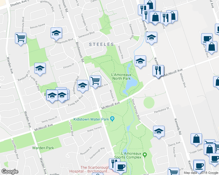 map of restaurants, bars, coffee shops, grocery stores, and more near 33 Morbank Drive in Toronto