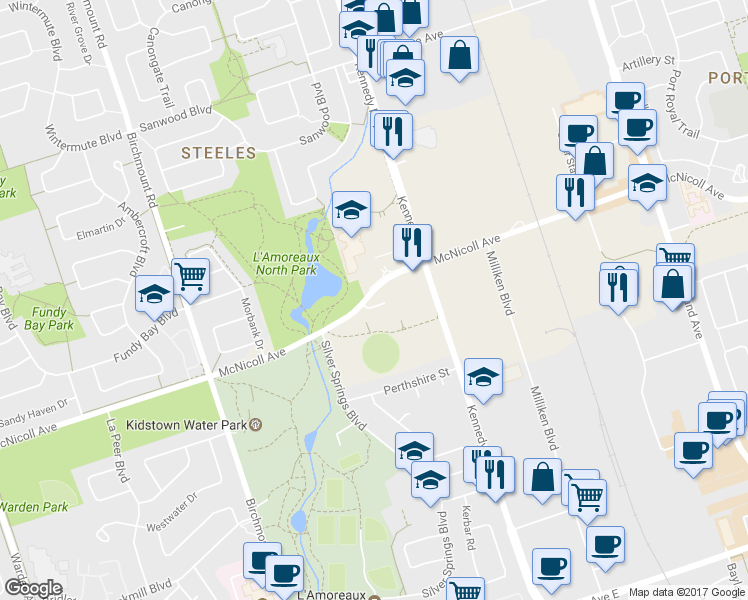 map of restaurants, bars, coffee shops, grocery stores, and more near 1518-1688 McNicoll Avenue in Toronto