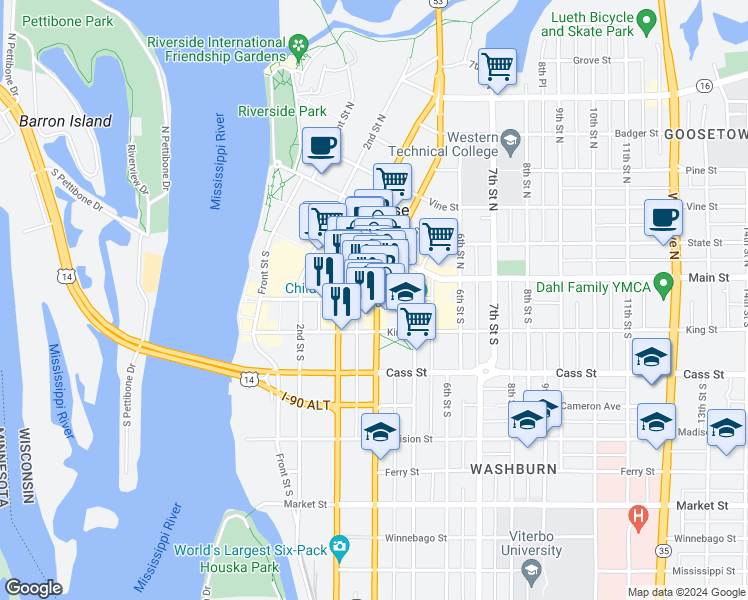map of restaurants, bars, coffee shops, grocery stores, and more near 314 4th Street North in La Crosse