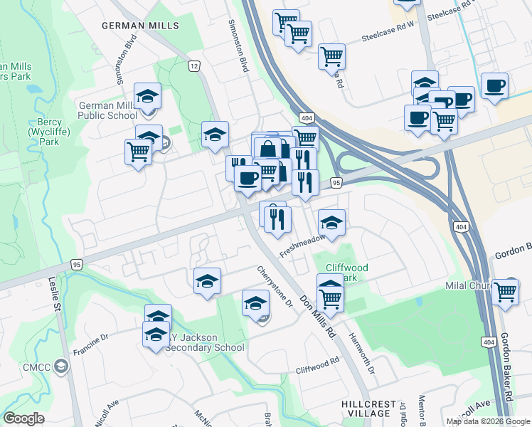 map of restaurants, bars, coffee shops, grocery stores, and more near 4005 Don Mills Road in Toronto