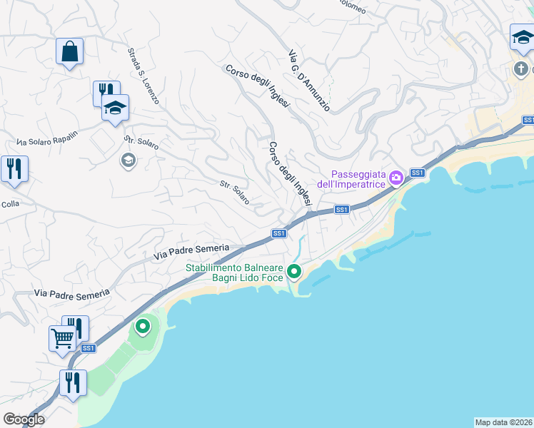map of restaurants, bars, coffee shops, grocery stores, and more near 38 Strada Privata Vallarino in Sanremo