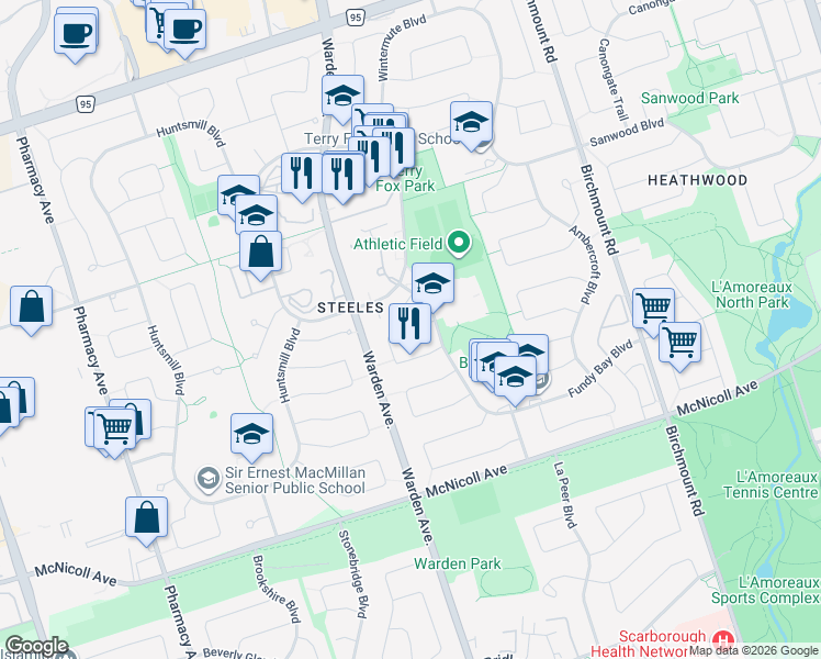 map of restaurants, bars, coffee shops, grocery stores, and more near Pale Moon Crescent in Toronto