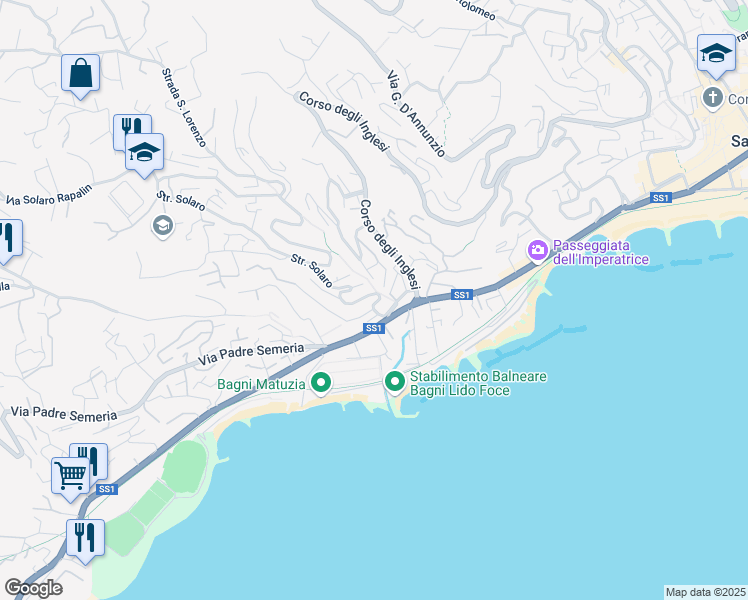 map of restaurants, bars, coffee shops, grocery stores, and more near 1 Via Legnano in Sanremo