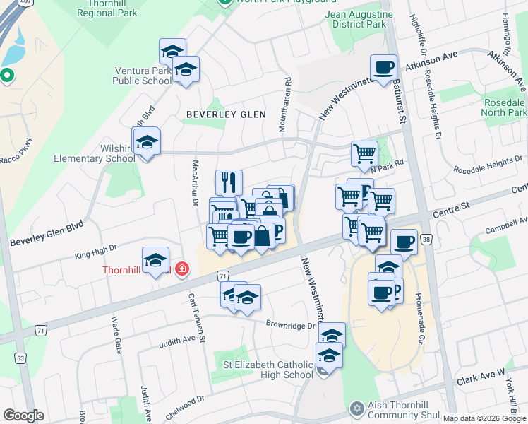 map of restaurants, bars, coffee shops, grocery stores, and more near 63 Katerina Avenue in Vaughan
