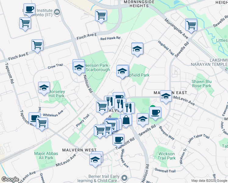 map of restaurants, bars, coffee shops, grocery stores, and more near 480 McLevin Avenue in Toronto