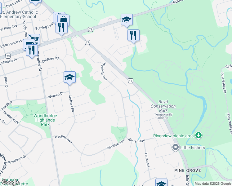 map of restaurants, bars, coffee shops, grocery stores, and more near 31 Garriock Court in Vaughan