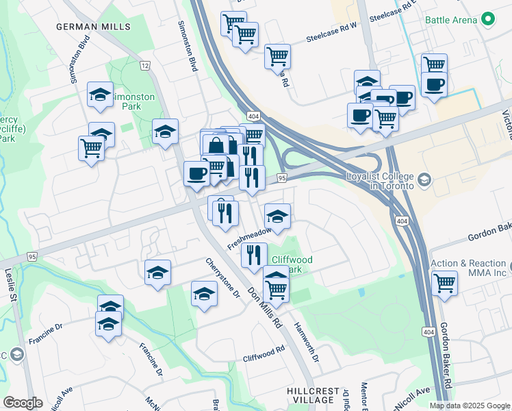 map of restaurants, bars, coffee shops, grocery stores, and more near 40 Song Meadoway in Toronto