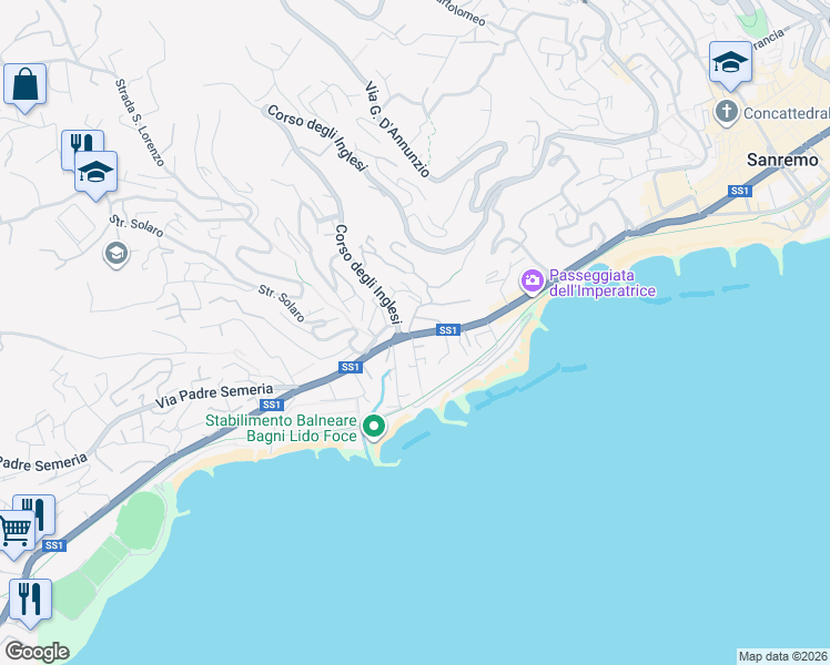 map of restaurants, bars, coffee shops, grocery stores, and more near 21 Corso Matuzia in Sanremo
