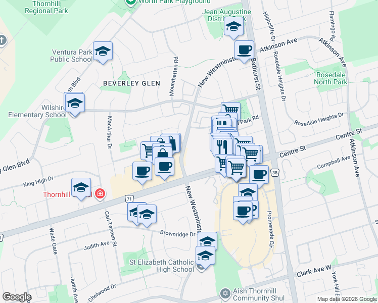 map of restaurants, bars, coffee shops, grocery stores, and more near 10 Gatineau Drive in Vaughan