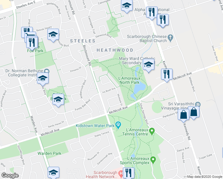 map of restaurants, bars, coffee shops, grocery stores, and more near Ivy Bush Avenue in Toronto