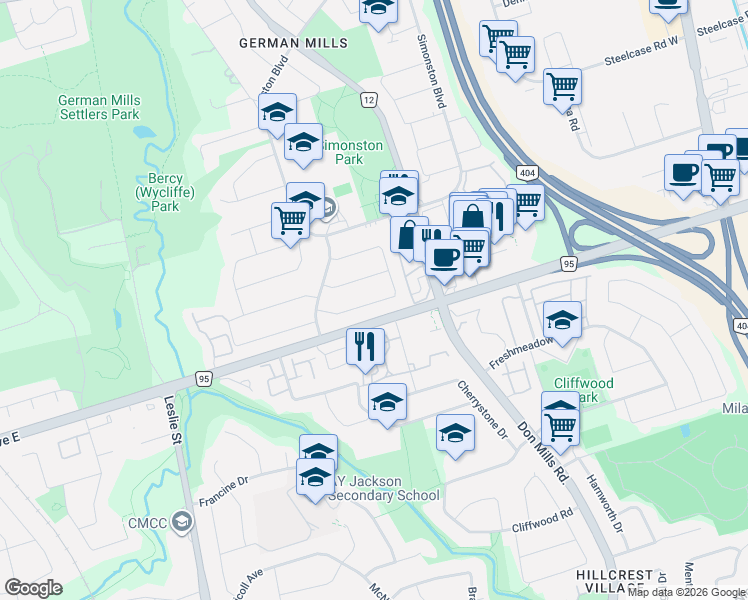 map of restaurants, bars, coffee shops, grocery stores, and more near 28 Holsworthy Crescent in Markham